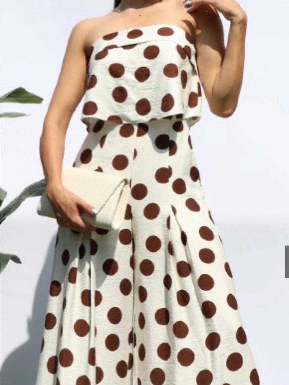 Dress Day Polka Dot Strapless cropped Jumpsuit in Cream and Brown